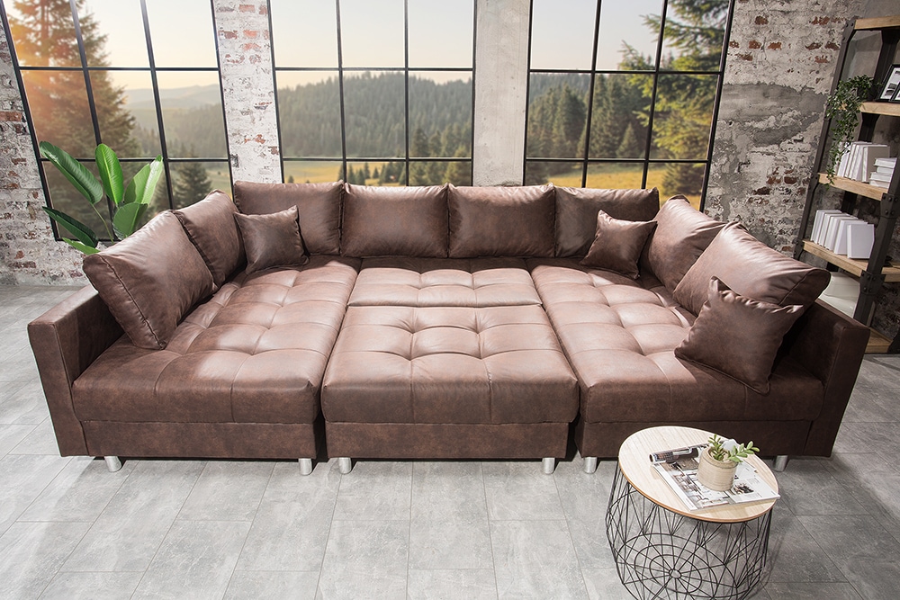 Moderne XXL Wohnlandschaft KENT 305cm antik braun Federkern Bigsofa inkl. Hocker