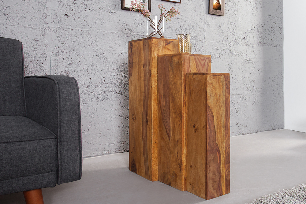 Design Deko Säule 3er Set MAKASSAR 80cm braun Sheesham stone finish Handarbeit