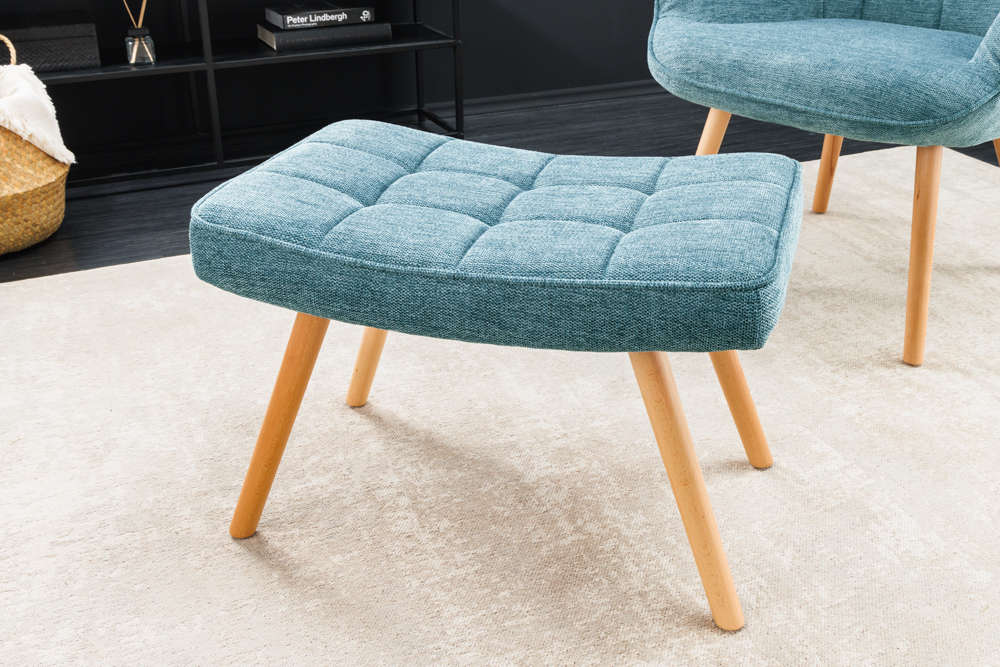 Moderner Hocker SCANDINAVIA blau Strukturstoff Massivholz-Beine Fußhocker