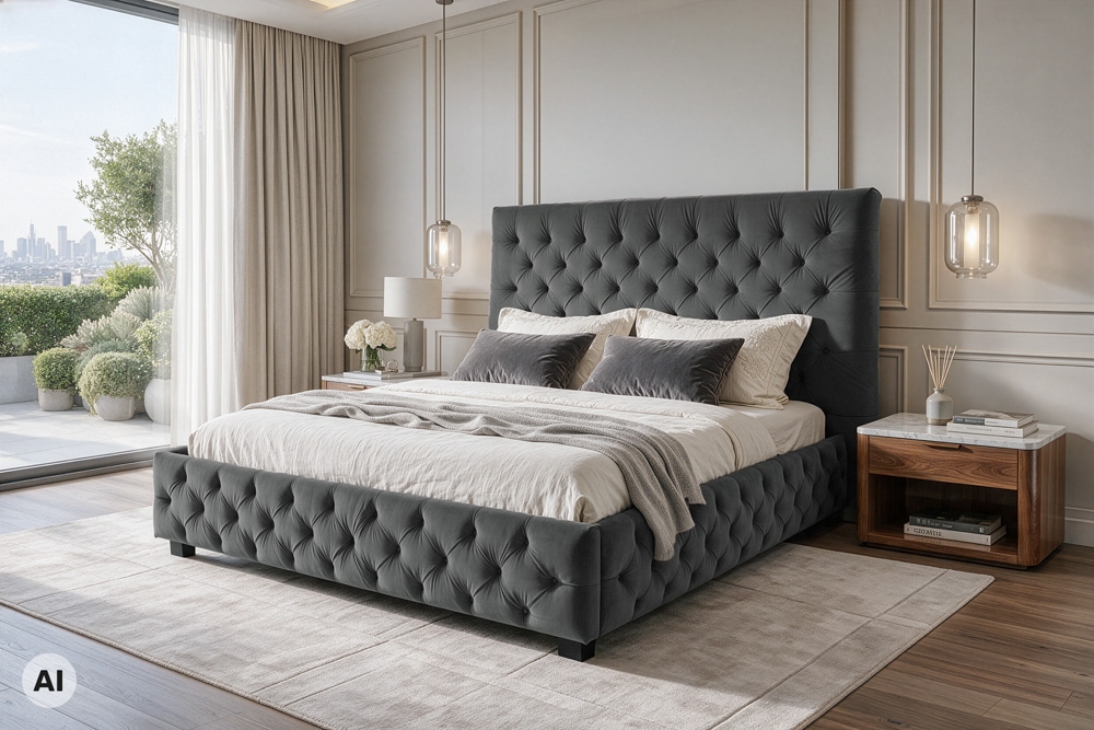 Design Doppelbett PARIS 180x200cm grau Samt Chesterfield Design Doppelbett PARIS 180x200cm grau Samt Chesterfield