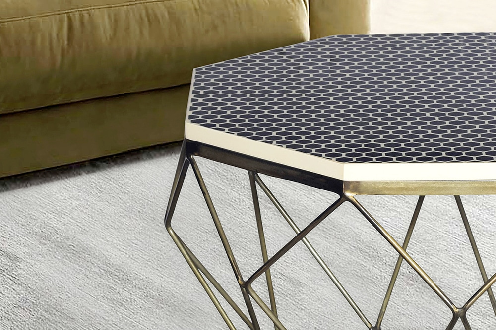Couchtisch DIAMOND 70cm schwarz weiß messing Mosaik Kunsthandwerk