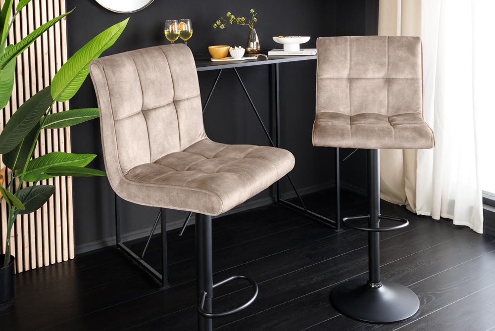 Höhenverstellbarer Barhocker MODENA champagner beige Samt Metall schwarz drehbar