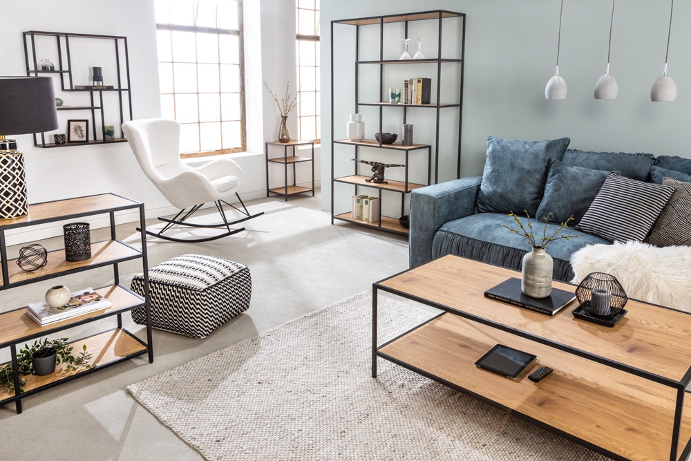 Industrial Bücherregal SLIM LINE 185cm Wildeiche schwarz sechs Regalböden
