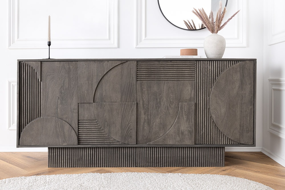 Massives Sideboard ART DECO 170cm grau Mangoholz 3D-Front