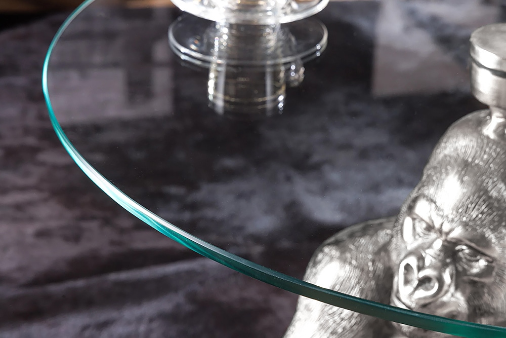 Runder Couchtisch WILDLIFE KONG 60cm silber Metall Glas Affenfigur Gorilla Skulptur handmade