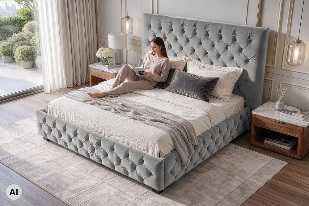 Design Doppelbett PARIS 180x200cm silber grau Samt Chesterfield