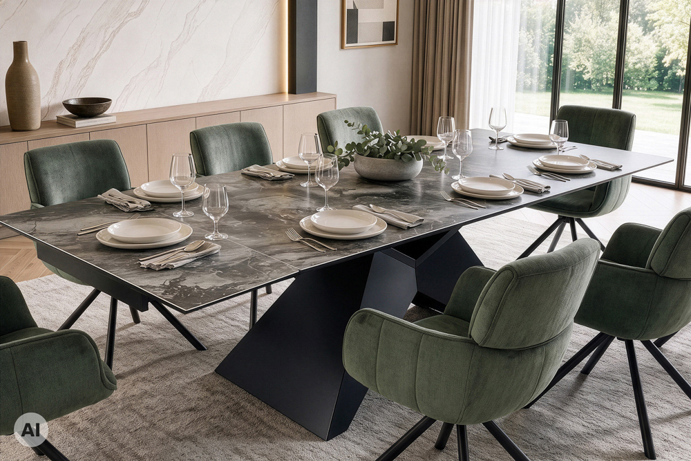 Design Esstisch DIAMOND 180-260cm taupe Keramik Metallgestell schwarz