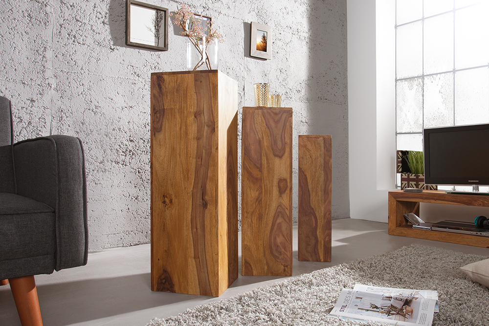 Design Deko Säule 3er Set MAKASSAR 80cm braun Sheesham stone finish Handarbeit