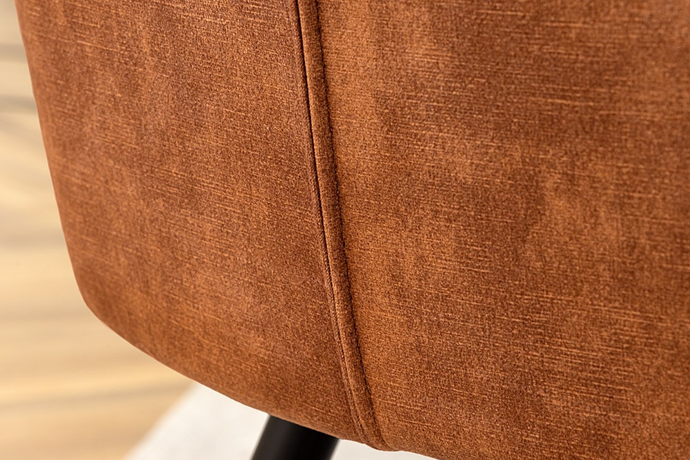 Design Stuhl TURIN rost braun Samt mit Ziersteppung und Armlehne schwarz Metall