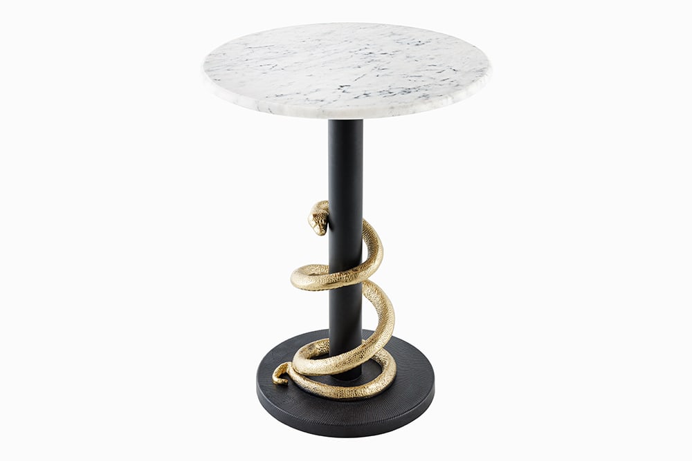 Runder Beistelltisch WILDLIFE SNAKE 55cm weiß Marmor gold schwarz Schlange Skulptur