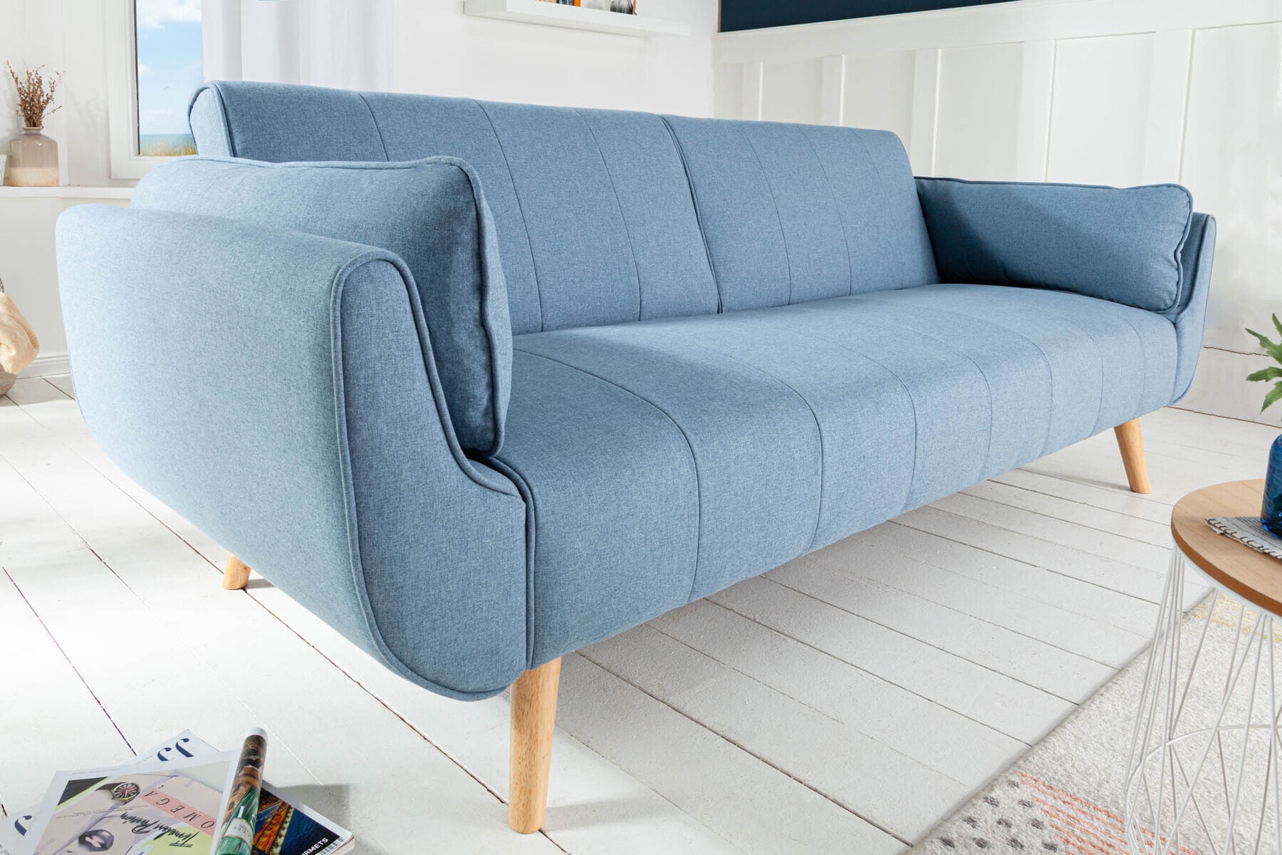 Design Schlafsofa DIVANI 220cm hellblau Strukturstoff Scandinavian 3-Sitzer mit Bettfunktion