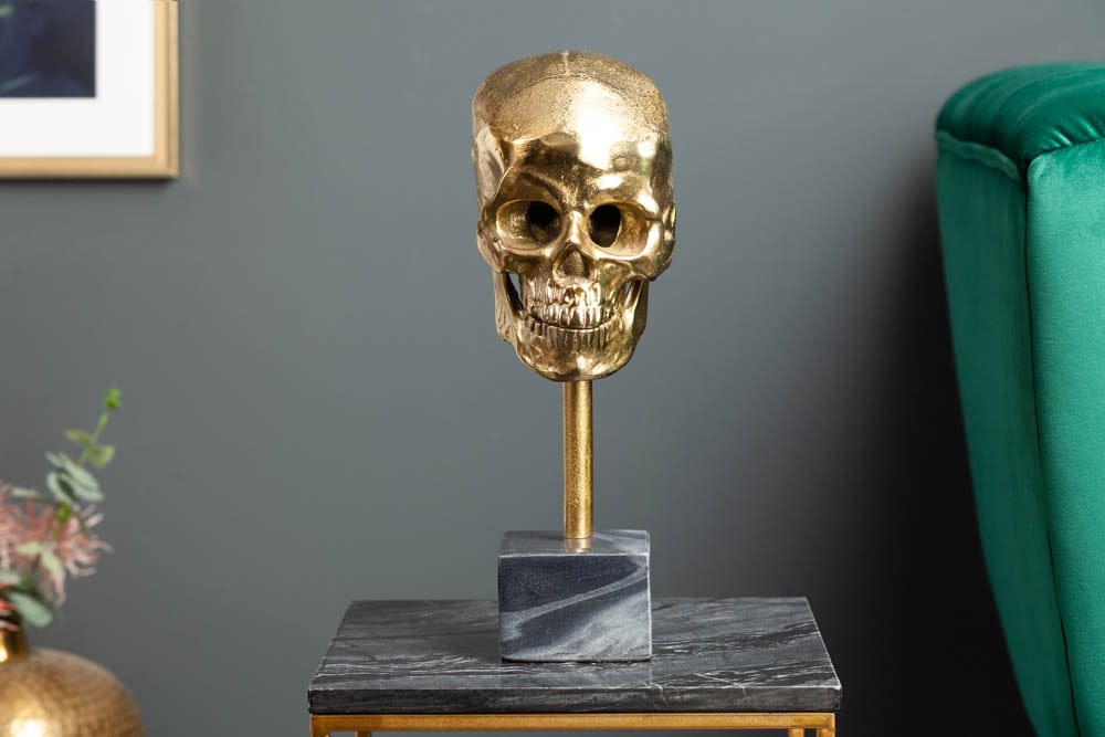 Elegante Skulptur SKULL 35cm gold Totenkopf mit Marmorfuß