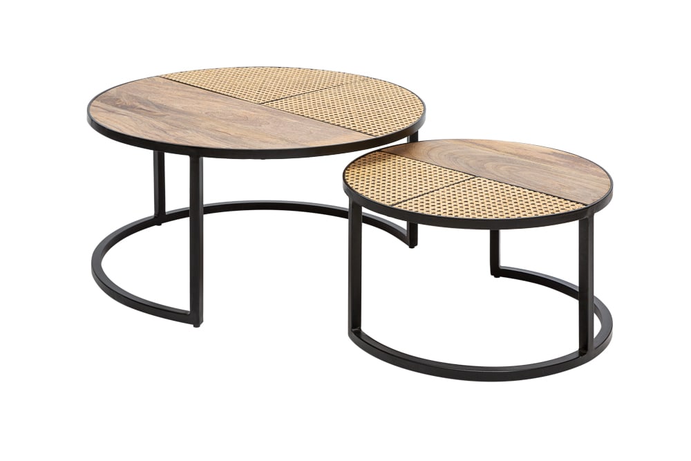 2er Set Couchtisch VIENNA LOUNGE 70cm rund Mangoholz massiv Wiener Geflecht Metall schwarz