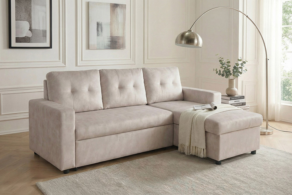 Ecksofa mit Schlaffunktion APARTMENT beidseitig aufbaubar champagner beige Samt inkl. Stauraum