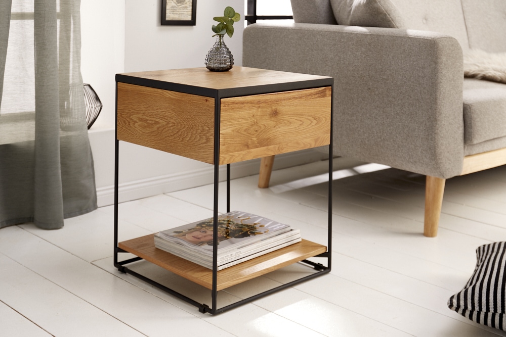 Moderner Beistelltisch SCORPION 50cm Wildeichen-Design Metall Nachttisch mit Schublade