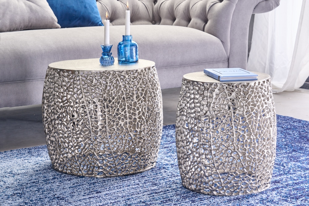 2er Set filigraner Design Couchtisch ABSTRACT LEAF antik silber Handarbeit rund