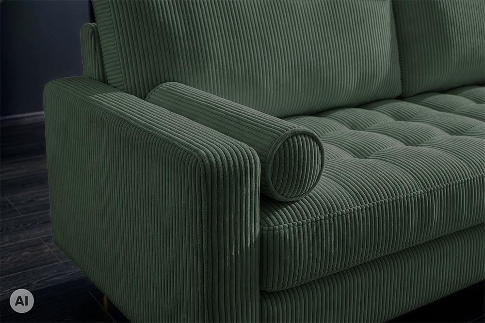 3er Sofa COZY VELVET 220cm grün Cord schwarze Füße mit goldener Kappe