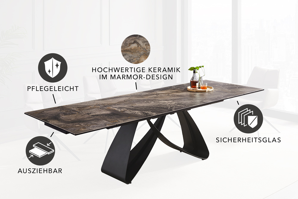 Ausziehbarer Esstisch INFINITY 180-260cm taupe Keramik Marmor schwarz Metall » Jetzt kaufen