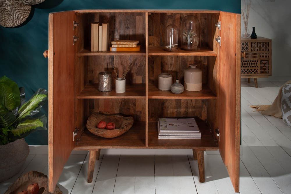 Massives Highboard MARRAKESCH 120cm Mangoholz mit Verzierung Boho Stil