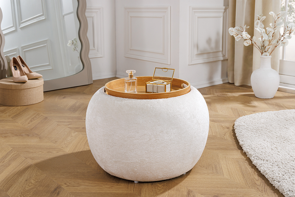 Runder Couchtisch ORBIT 50cm beige Bouclé Hocker mit Tablett und Stauraum