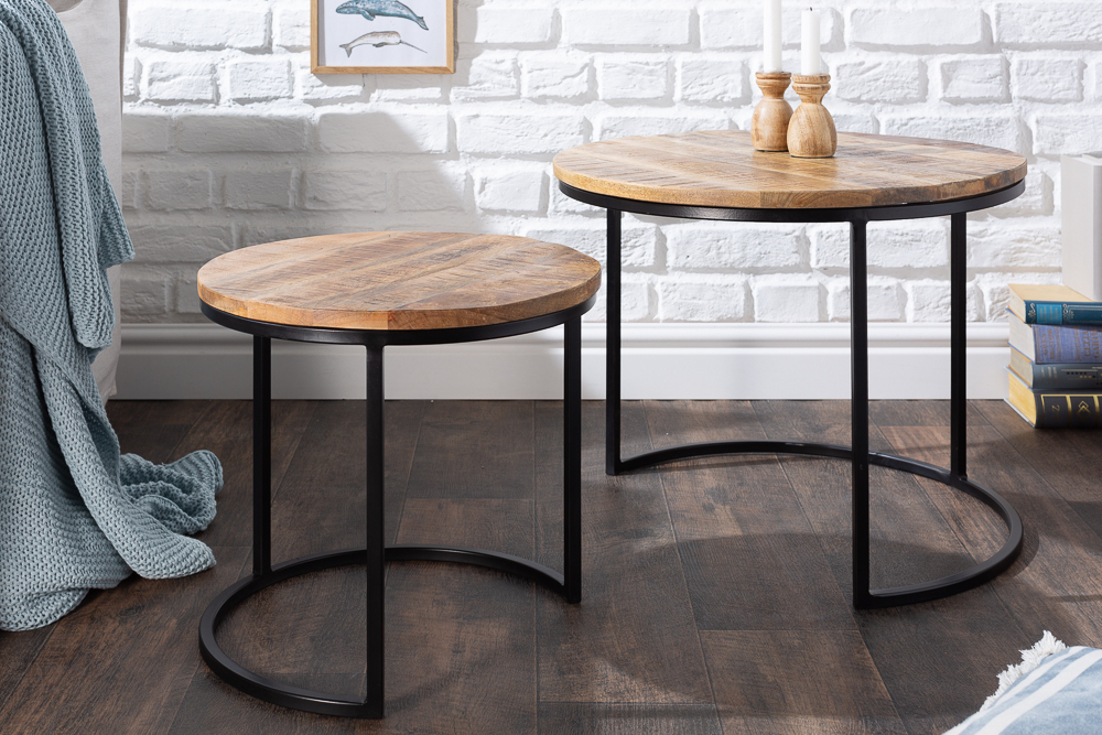 Industrial 2er Set Beistelltische ELEMENTS 60cm Mangoholz massiv rund schwarzes Metallgestell