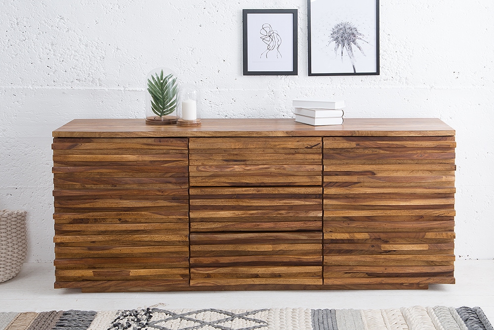 Massivholz Sideboard RELIEF 160cm braun Sheesham stone finish Kommode mit Schubladen