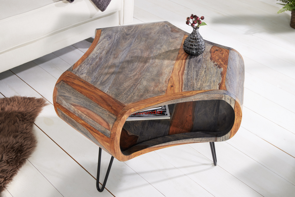 Retro Couchtisch ORGANIC LIVING 70cm grau Sheesham Massivholz mit Stauraum Hairpin Legs