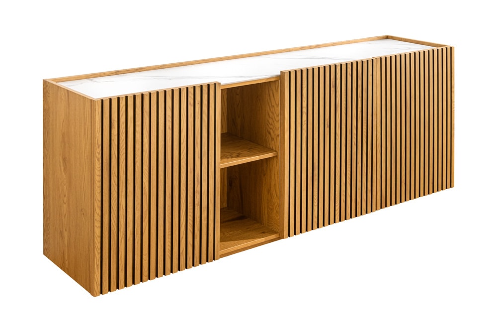 Design Sideboard VICENZA 180cm weiß Keramik natur Eiche Lamellenfront