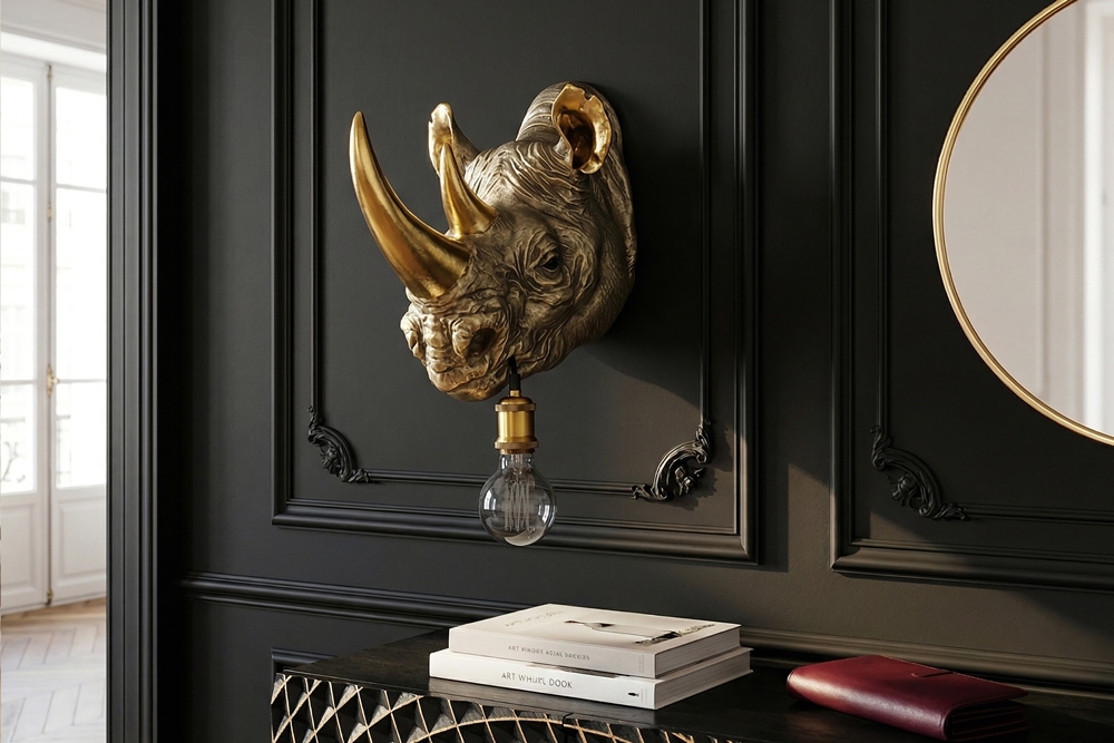 Moderne Wandlampe RHINO 40cm gold Nashorn-Skulptur handmade