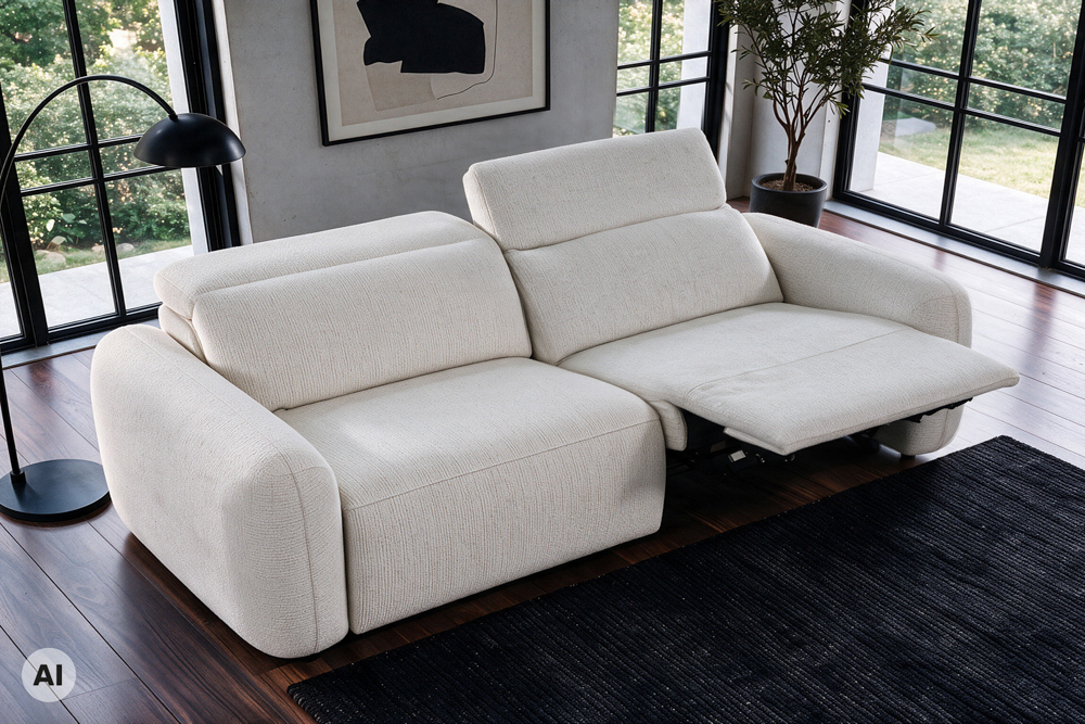 3er Sofa MILANO 220cm beige Bouclé Tweed Soft elektrisch verstellbare Fuß und Kopfstütze
