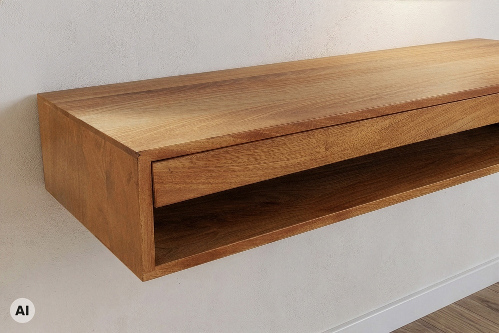 Hängender Konsolentisch PURE 100cm braun Mangoholz honey finish Schreibtisch Stauraum