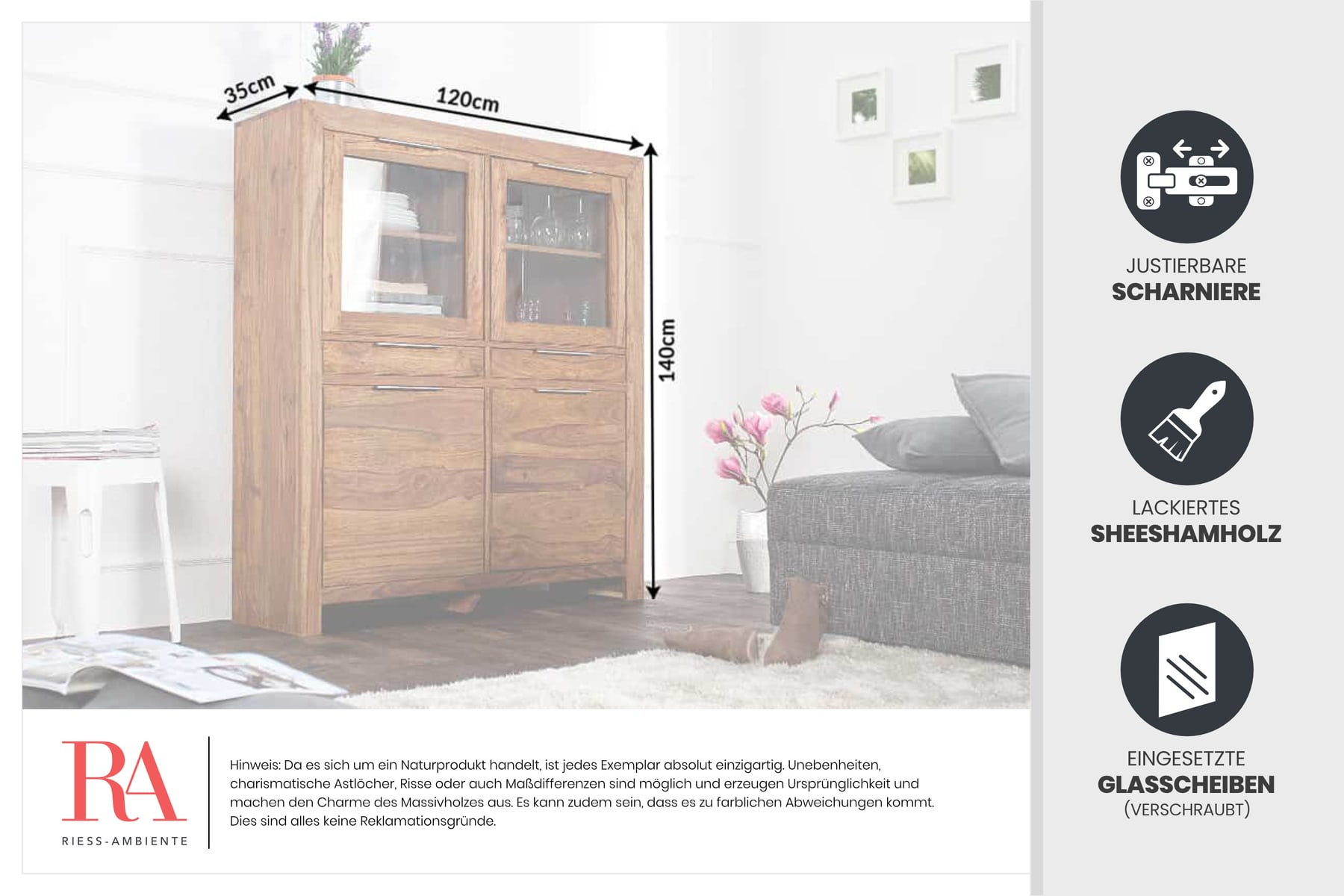 Massives Highboard PURE 140cm braun Sheesham stone finish Vitrine Palisander