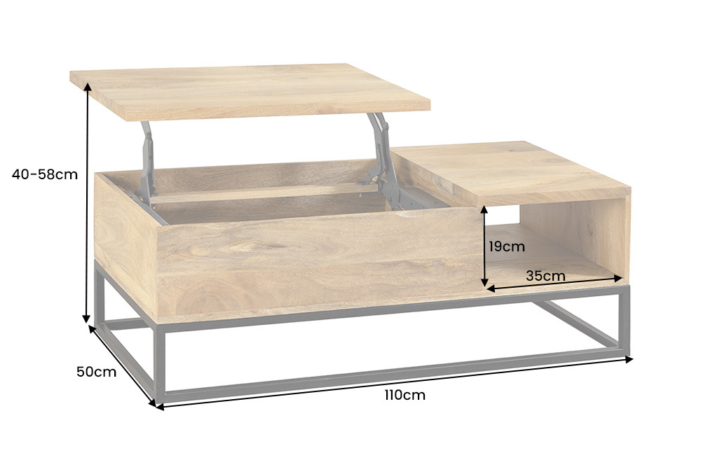 Höhenverstellbarer Couchtisch MAKASSAR FUNCTION 110cm natur cream finish Mangoholz massiv