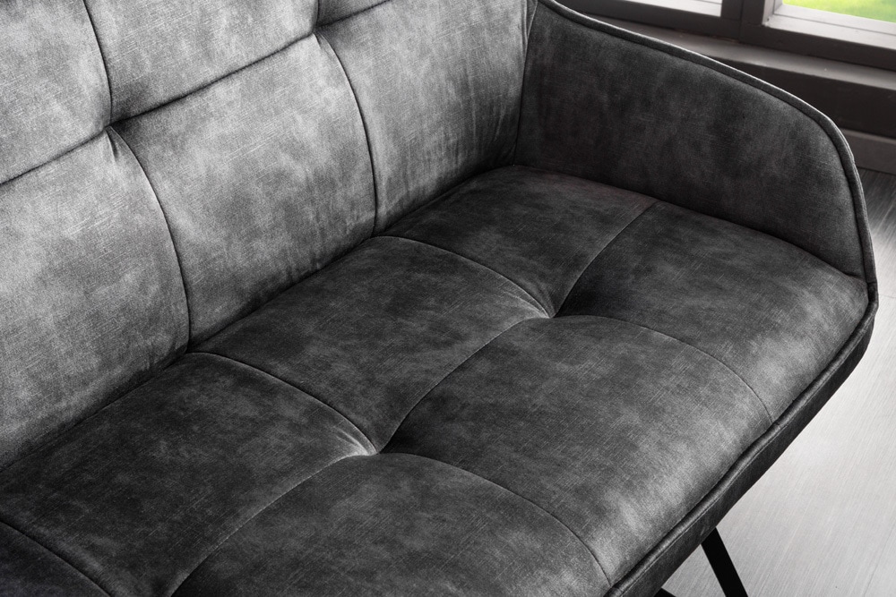Design Sitzbank EUPHORIA 160cm dunkelgrau Samt Retrostil Ziersteppung Hairpin Legs Metallbeine Armlehnen
