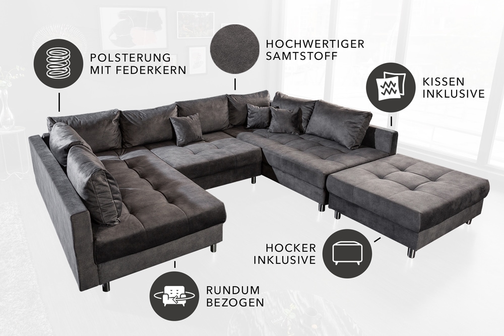 Moderne XXL Wohnlandschaft KENT 305cm grau Samt Bigsofa inkl. Hocker Federkern