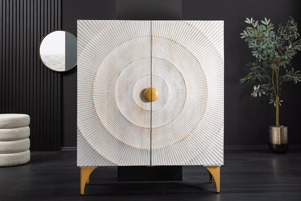 Massives Highboard GOLDEN SUNSET 120cm weiß gold Mangoholz mit 3D Schnitzereien Massives Highboard GOLDEN SUNSET 120cm weiß gold Mangoholz mit 3D Schnitzereien