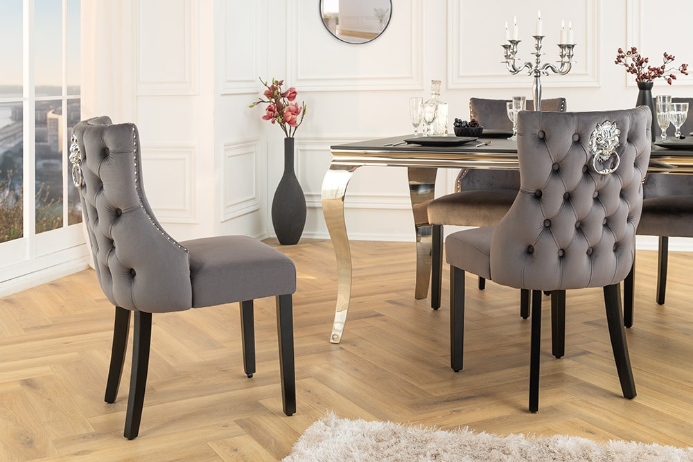 Chesterfield Stuhl CASTLE DELUXE grau Samt mit Löwenkopf Nieten
