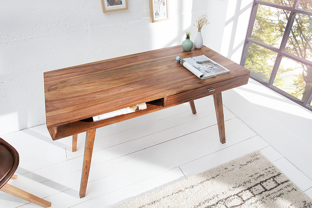 Design Schreibtisch RETRO 120cm braun Sheeshamholz stone finish Design Klassiker
