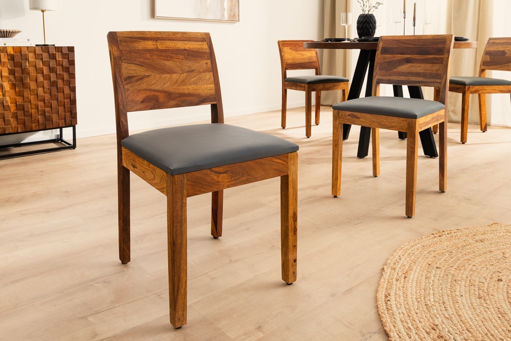 Massivholz Stuhl PURE braun stone finish dunkelgrau Sheesham mit Kunstlederbezug