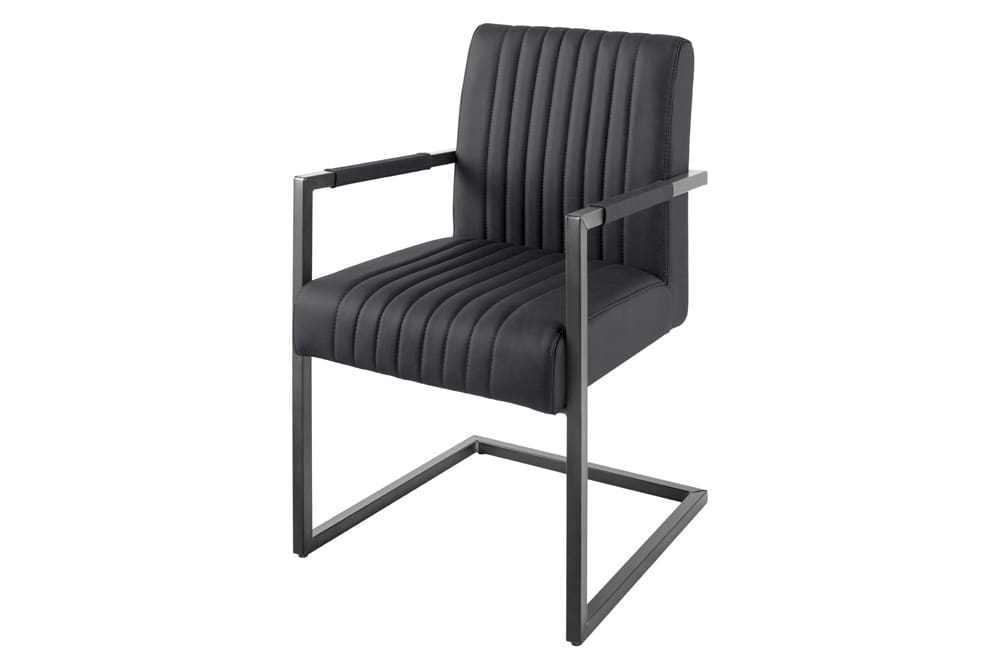 Moderner Freischwinger Stuhl BIG ASTON Echtleder schwarz Taschenfederkern Metall