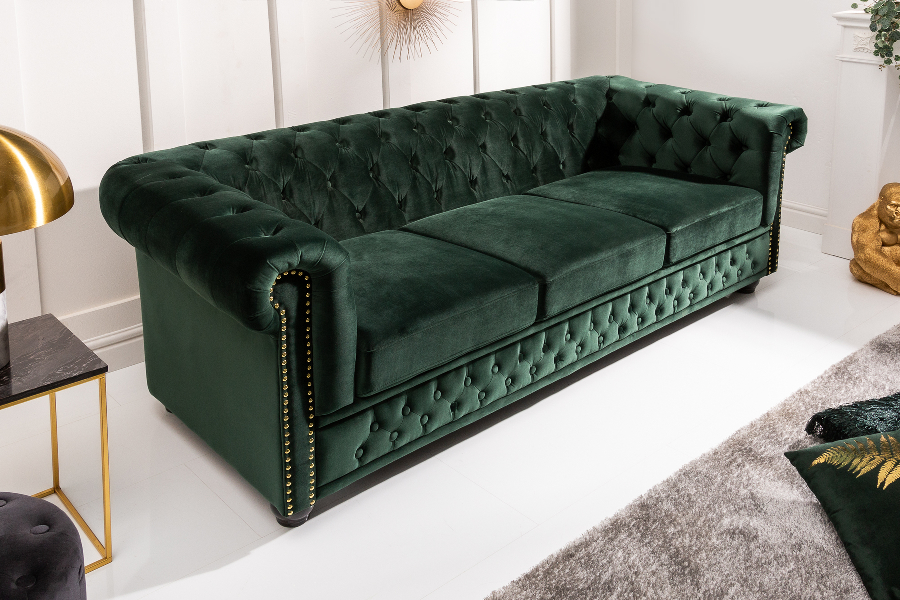 Chesterfield 3-Sitzer Sofa 205cm flaschengrün Samt Federkern Knopfheftung