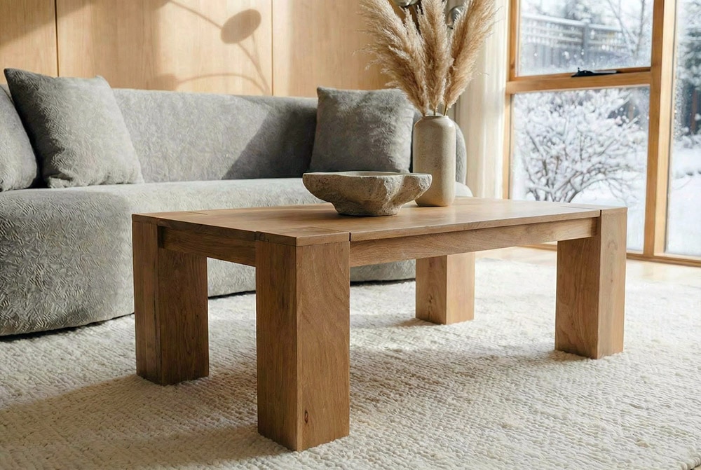 Massiver Couchtisch MAKASSAR 100cm natur Mangoholz cream finish einzigartige Maserung