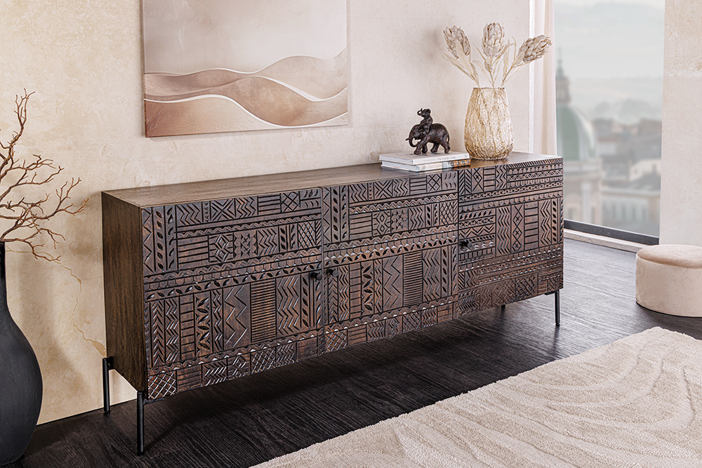 Massives Sideboard TRIBAL 180cm antik braun Mangoholz 3D-Front viel Stauraum » Jetzt kaufen