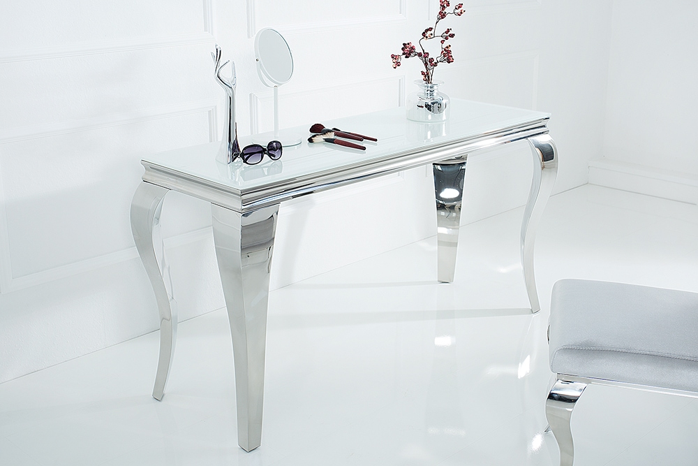 Eleganter Konsolentisch MODERN BAROCK 145cm weiß Edelstahlbeine Opalglas