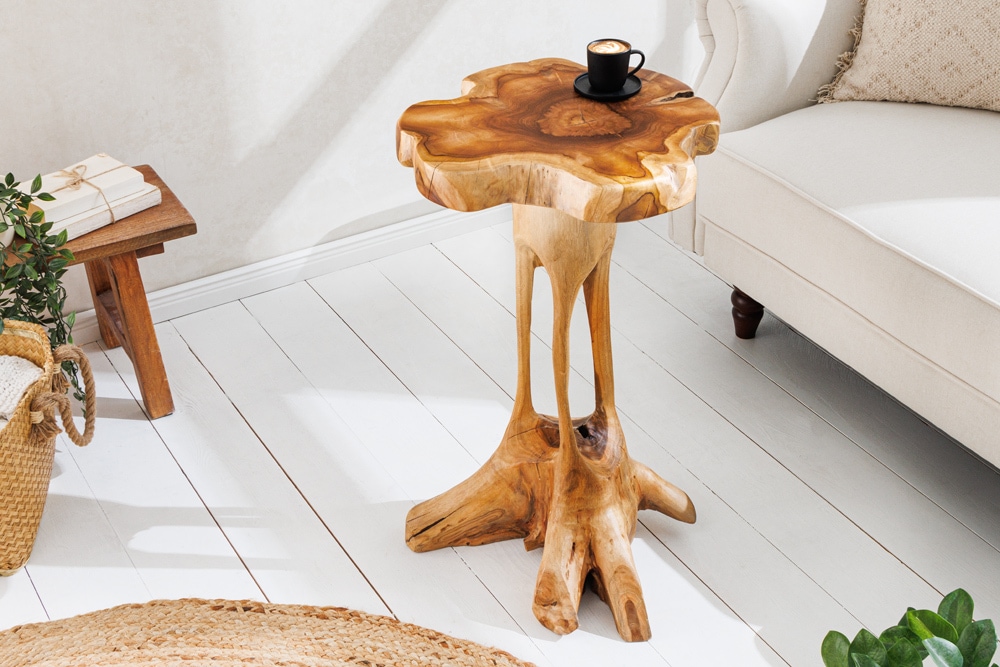 Massivholz Beistelltisch ROOT 70cm natur Teak aus Wurzelholz im Stelzen-Design