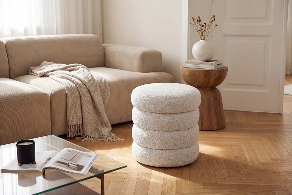 Runder Polsterhocker VOGUE 40cm weiß Bouclé mit Stauraum