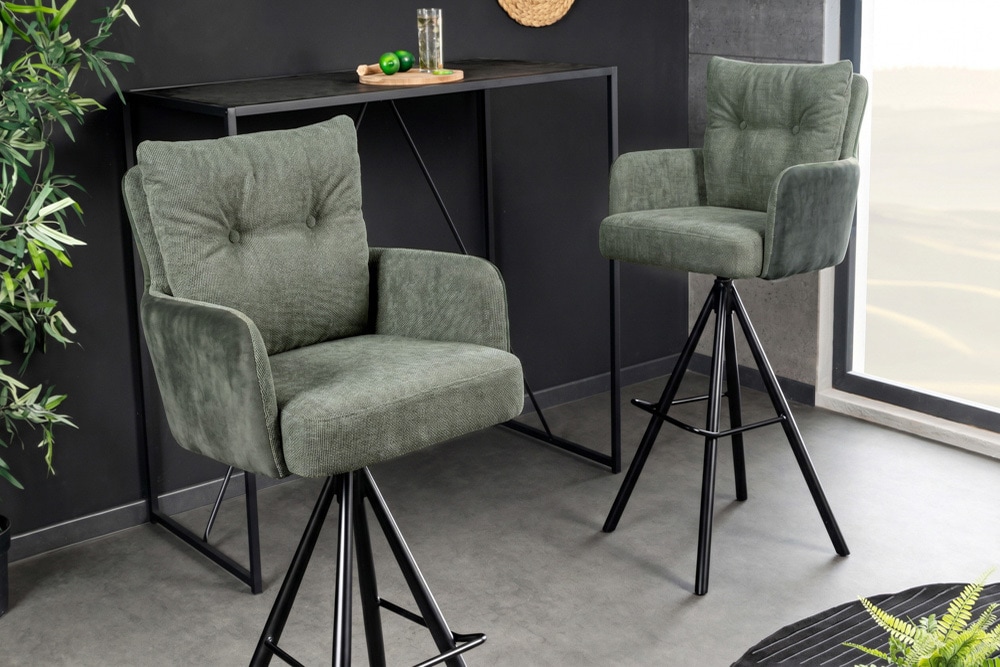 Drehbarer Design Barhocker BIG GEORGE grün Samt Taschenfederkern mit Armlehnen Metall