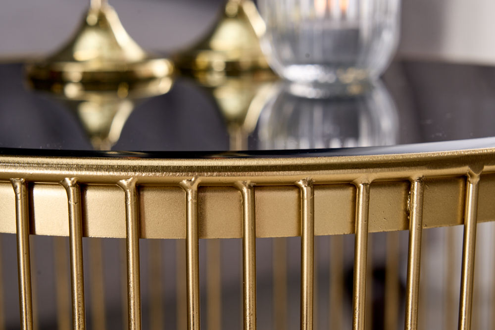 Filigraner Design Beistelltisch VARIATION 50cm gold Metall rund Schwarzglas Handarbeit
