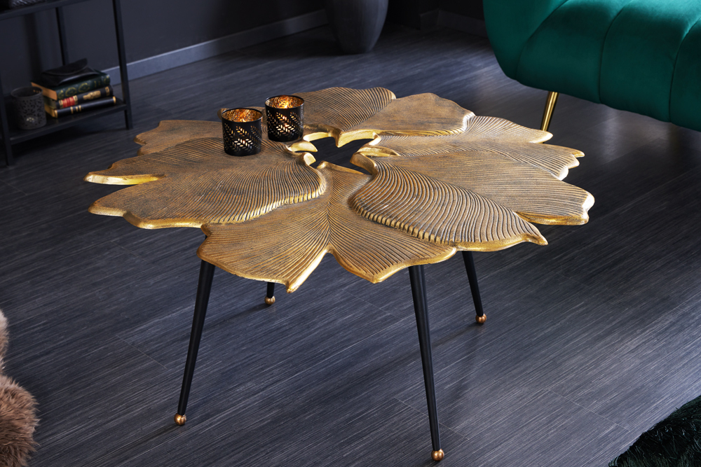 Dekorativer Couchtisch GINKGO 95cm gold schwarz handmade Metall