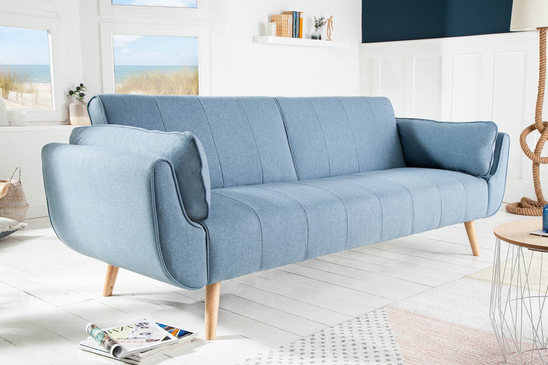 Design Schlafsofa DIVANI 220cm hellblau Strukturstoff Scandinavian 3-Sitzer mit Bettfunktion